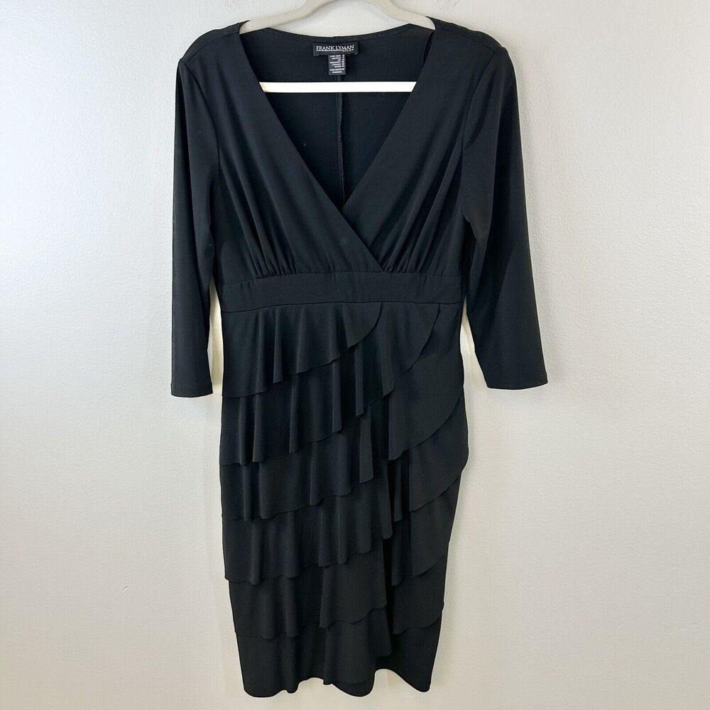 Frank Lyman Dress Womens‎ 8 Black V Neck Sheath Ruffle Tiered Stretch 3/4 Sleeve